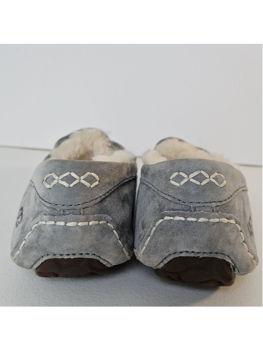 UGG Ansley Moccasin Gray Suede Slippers with White Stitching Size 6 - Picture 3 of 9